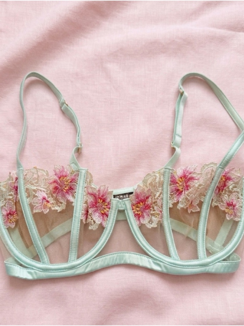 Honey Birdette Mint Sheer Embroidered Floral Underwire Bra